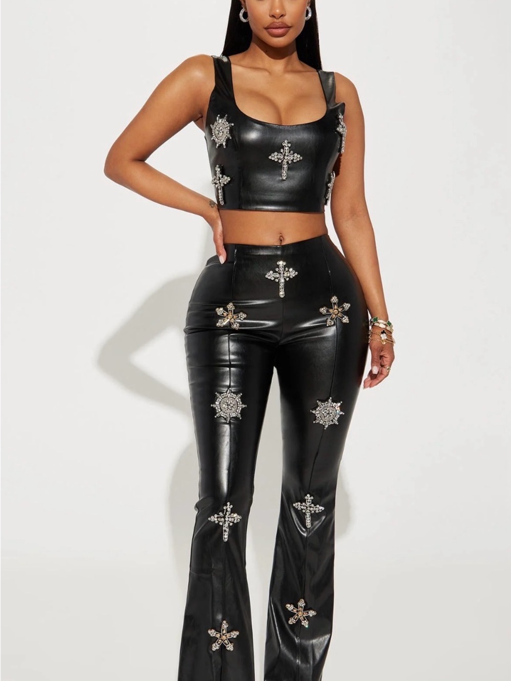 Fashion Nova Black Embellished Faux Leather Flare Pants
